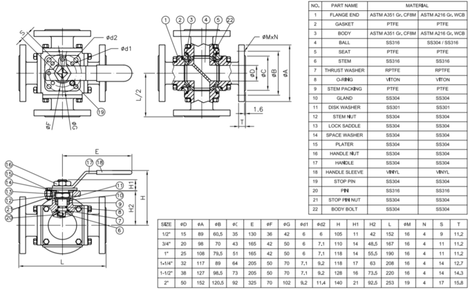4 방법 볼 밸브 SS316 몸 / 공 / 줄기세포 PTFE 좌석 플랜지 ANSI 수업 150 볼 밸브 0